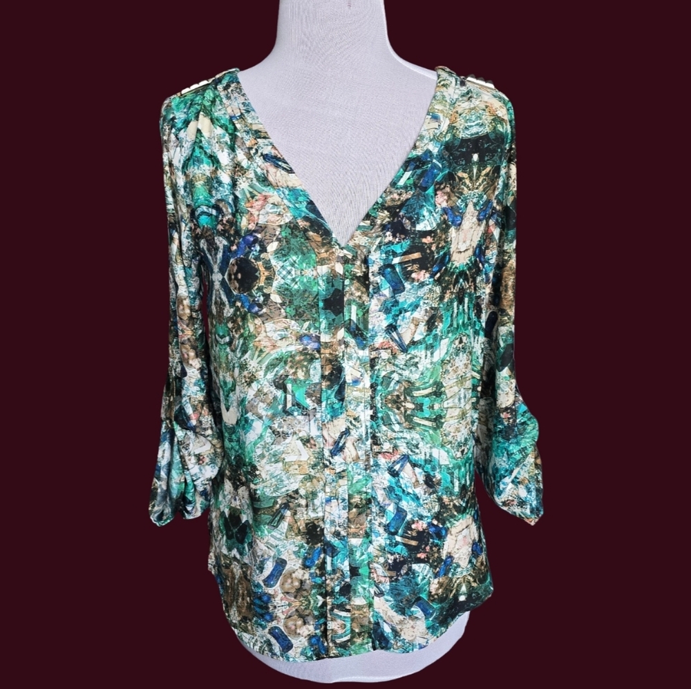 Zara Jewel Green Kaleidoscope Abstract Long Sleeve Blouse Size XS Boho Chic